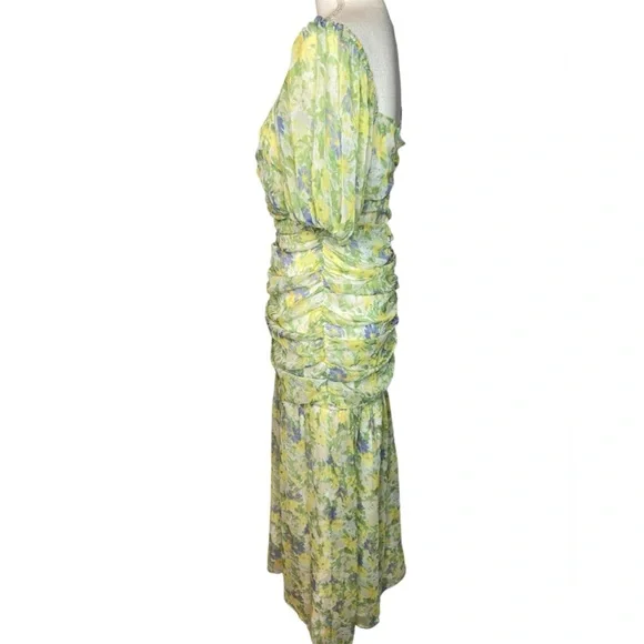 ASOS ruched puff sleeve maxi dress white base yellow blue floral print - Picture 6 of 15